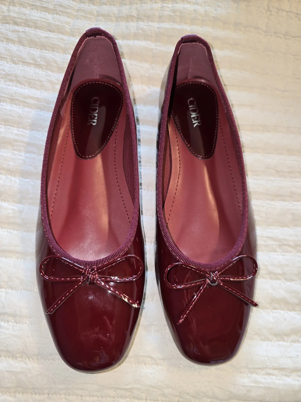 Wine Square Toe Flats With Bow Detail. Adorable Shoe With Patent Finish.